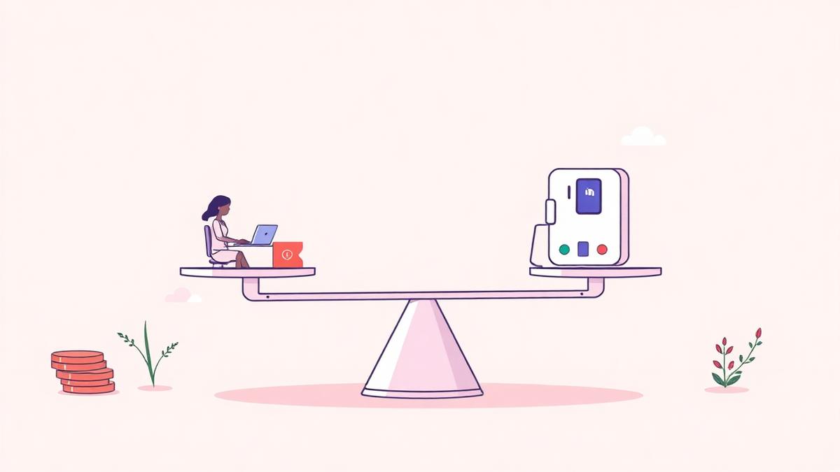 Flat illustration of a balance scale weighing a receptionist at a desk against an AI voice device