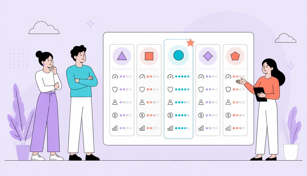 Illustration of a team reviewing a ranked comparison board of AI receptionist tools