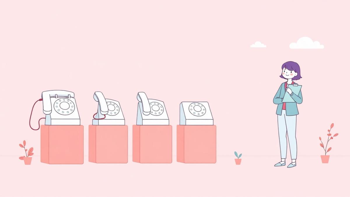 Flat illustration of telephone handsets on pedestals being compared by a person with a clipboard
