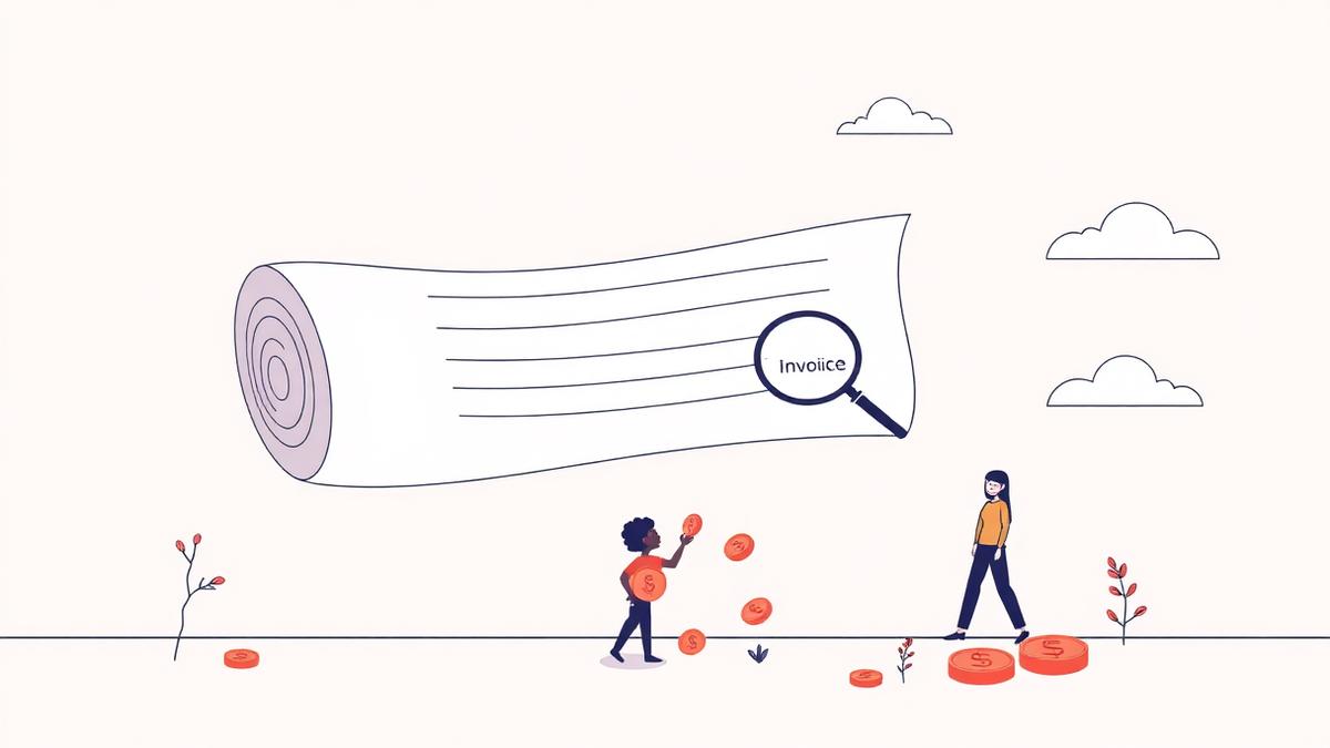 Flat illustration of a long invoice being inspected with a magnifying glass as coins fall