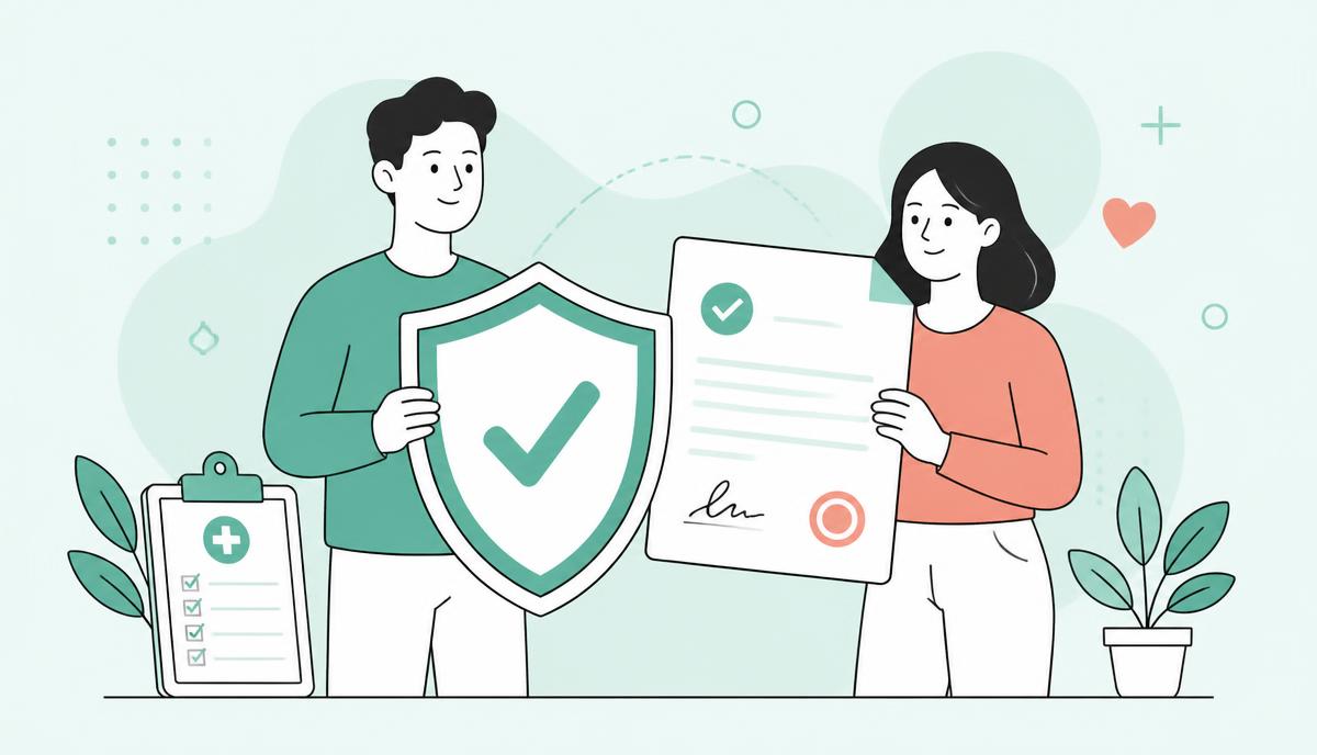 Illustration of two people holding a compliance shield and a signed agreement