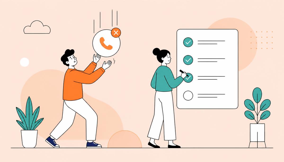 Illustration of a person catching a missed call while a colleague ticks a checklist