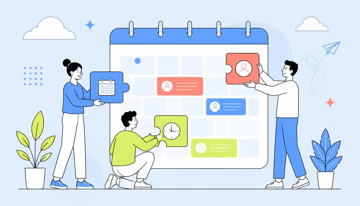Illustration of a team connecting software tiles into a shared appointment calendar